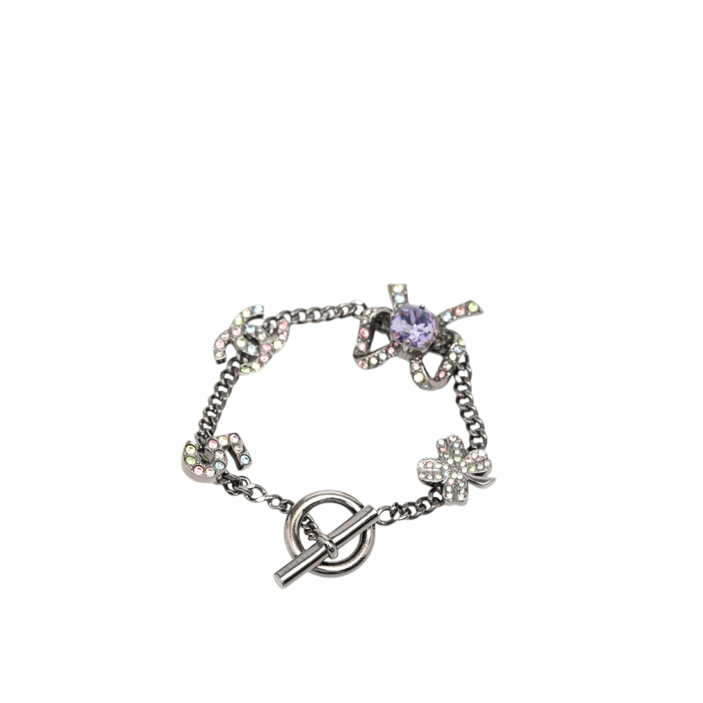 Pre-Loved Chanel Silver Plated Crystal CC No. 5 Bow Charm Bracelet - Picture 3 of 8
